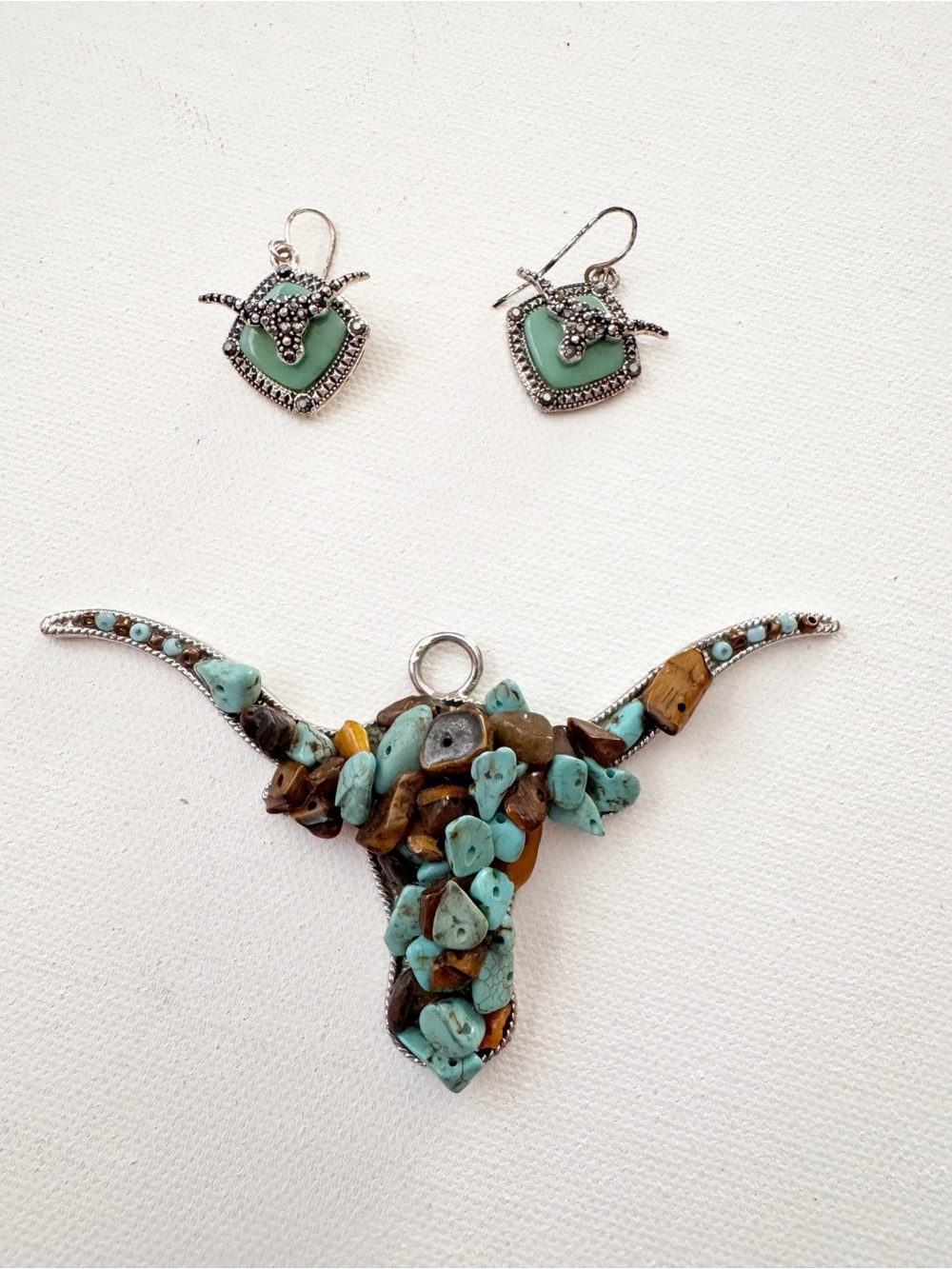 Western Longhorn Turquoise Necklace Earrings Set Cowgirl Southwest Boho Jewelry